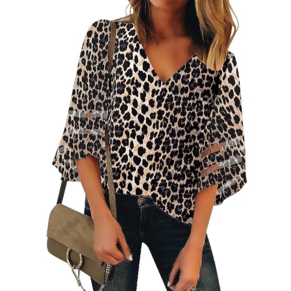 Leopard V-Neck 3/4 Bell Sleeve Mesh Panel Blouse - Picture 4 of 7